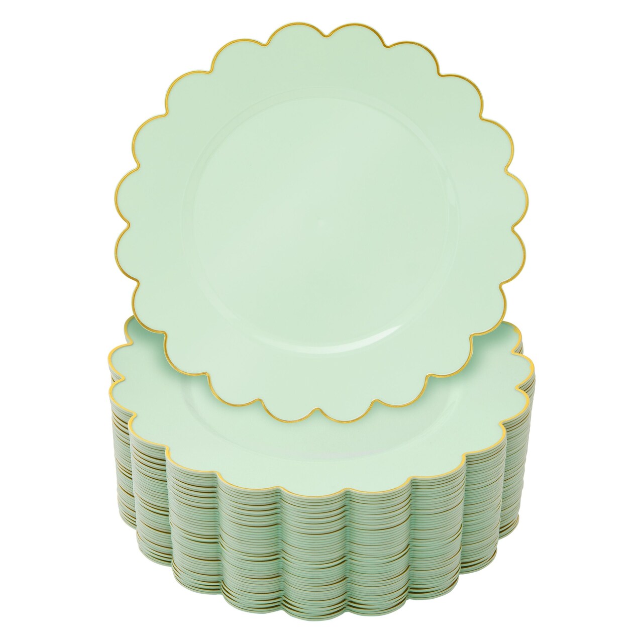 BLUE PANDA 50 Pack Sage Green Plastic Plates with Gold Trim, 9-Inch Scalloped Edges Plastic Plates, Durable Pastel Dessert Party Plates for Birthday, Baby Shower, Wedding